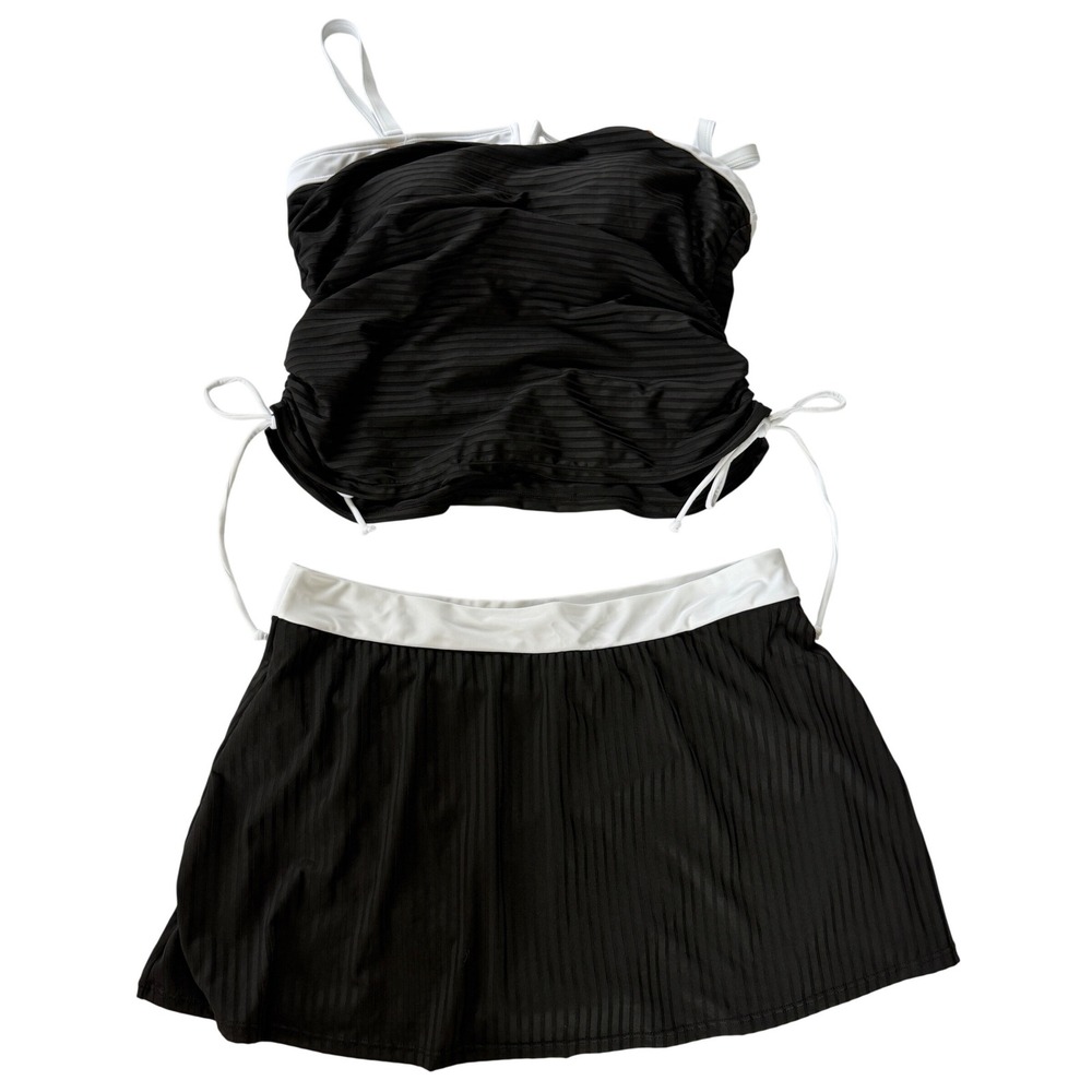 Womens Black White Ribbed Tankini Swim Skirt Set XL Nautical Gold Button Cinch